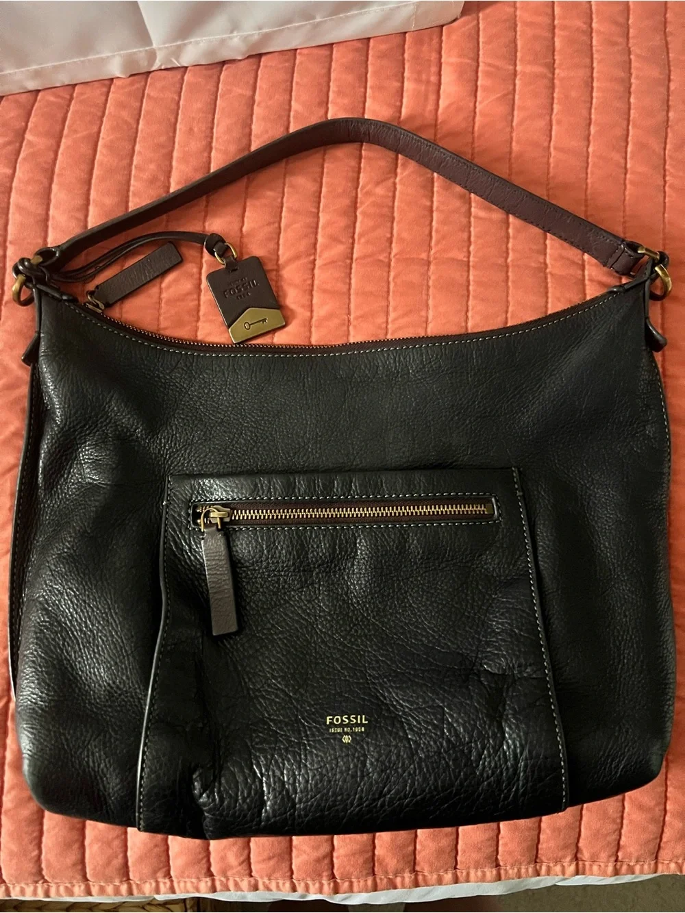 Fossil Black Leather Hobo Bag with Brown Strap and Gold Hardware